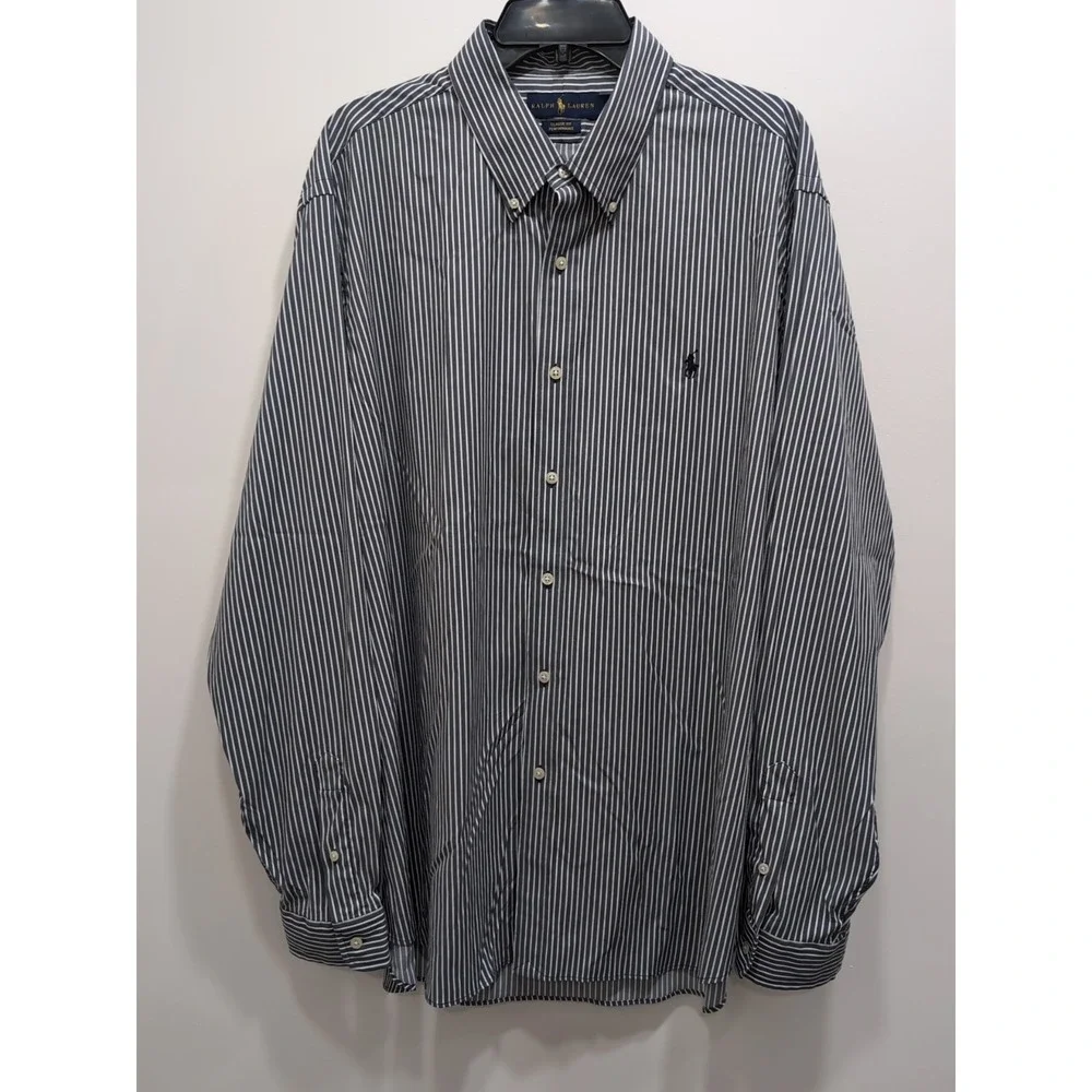 Polo Ralph Lauren Button Down Men XXL Gray White Striped Performance Classic Fit